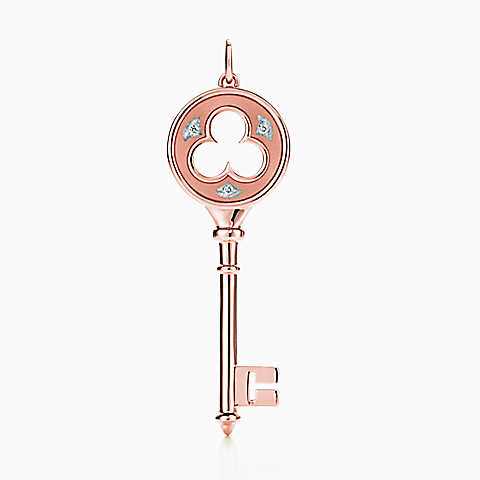 Tiffany Keys 18K 玫瑰金镶钻三叶草钥匙吊坠