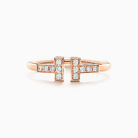 Tiffany T 18K 玫瑰金镶钻线形戒指