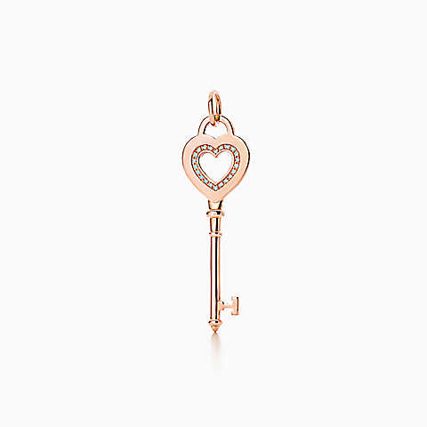 Tiffany Keys 18K 玫瑰金镶钻心形钥匙吊坠