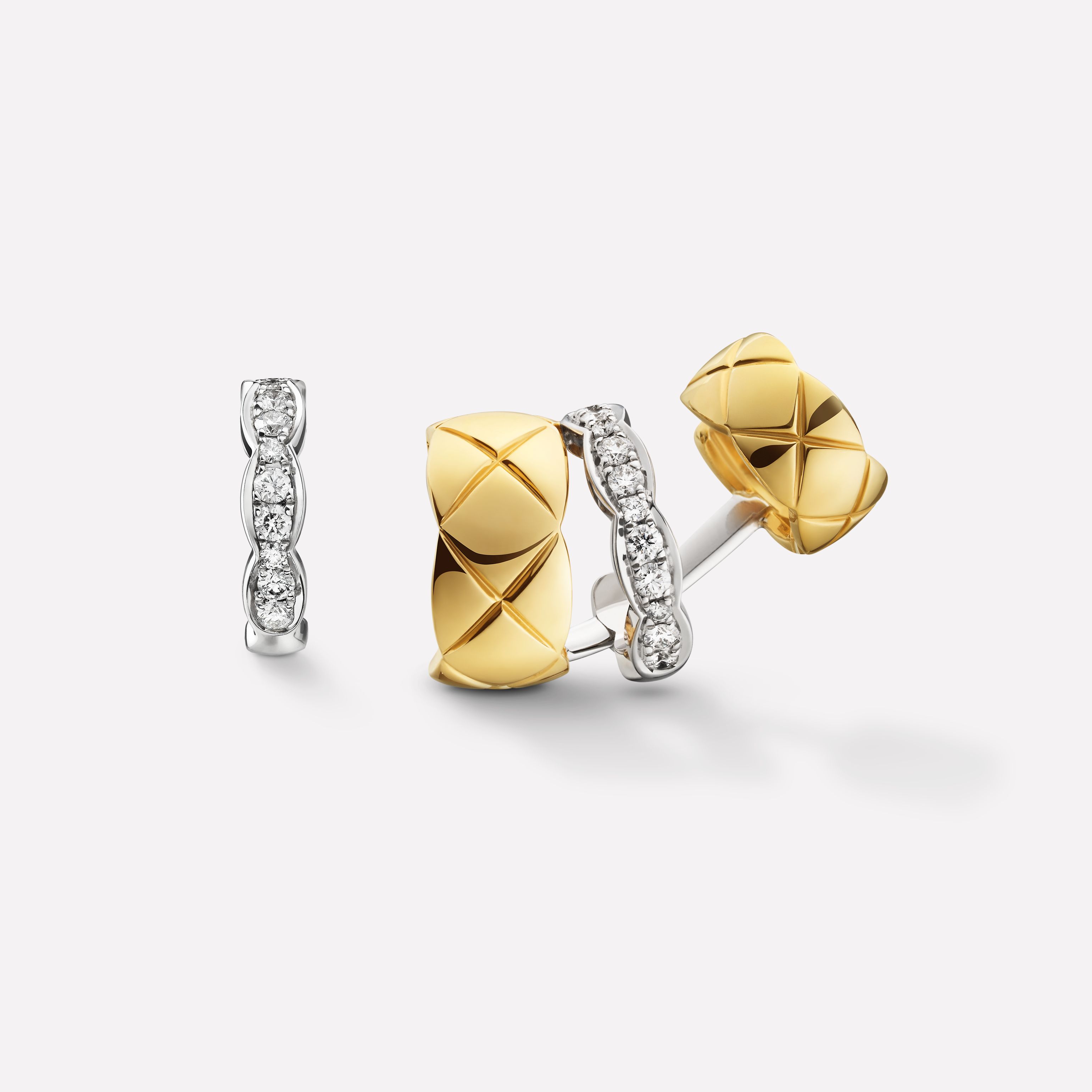 COCO CRUSH系列耳环 菱格纹图案，白18K金与黄18K金，镶嵌钻石