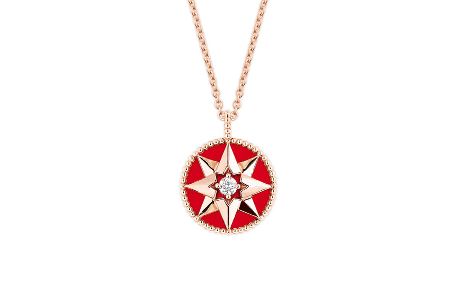 ROSE DES VENTS饰牌项链， 750/1000玫瑰金， 钻石和红色釉漆