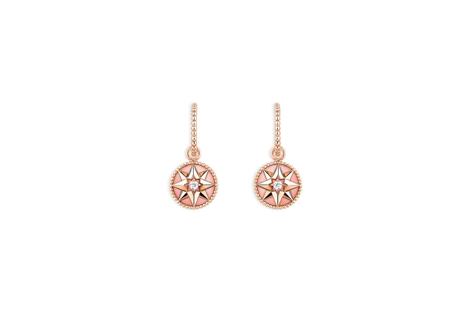 ROSE DES VENTS 750/1000玫瑰金耳环，镶嵌钻石和粉红色蛋白石