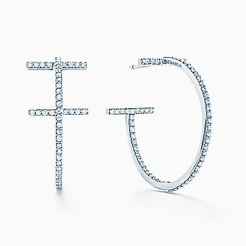 Tiffany T 18K白金镶钻中号线圈耳环