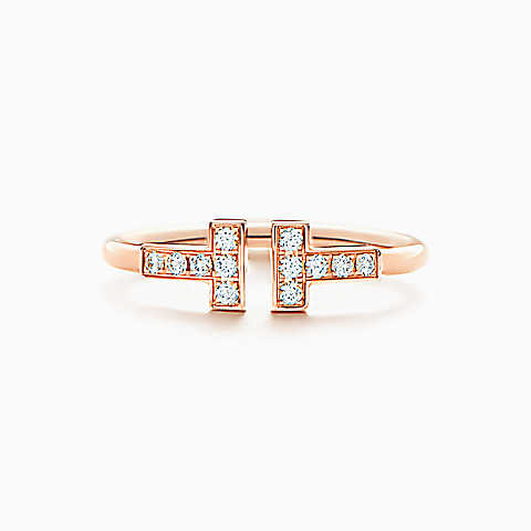 Tiffany T 18K 玫瑰金镶钻线形戒指